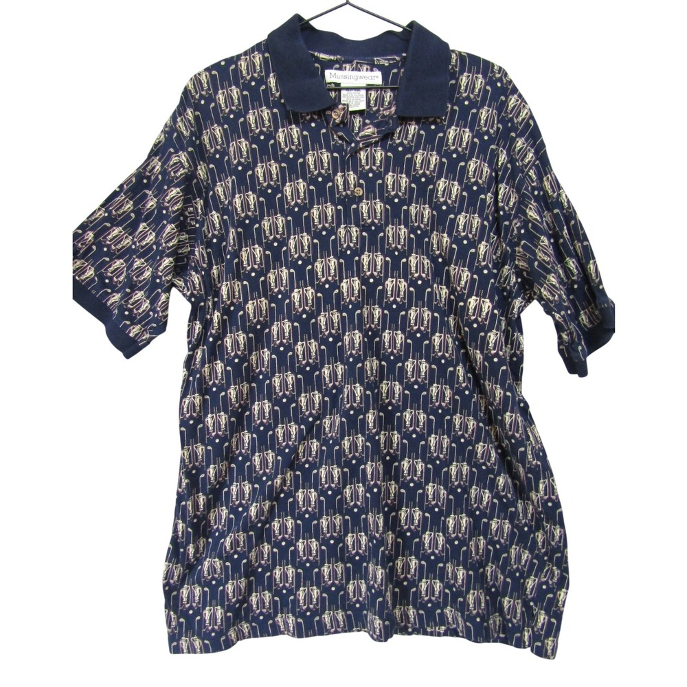 Munsingwear Golf Polo Mens‎ XLT Navy Blue Excellent Vintage Novelty Print Cotton